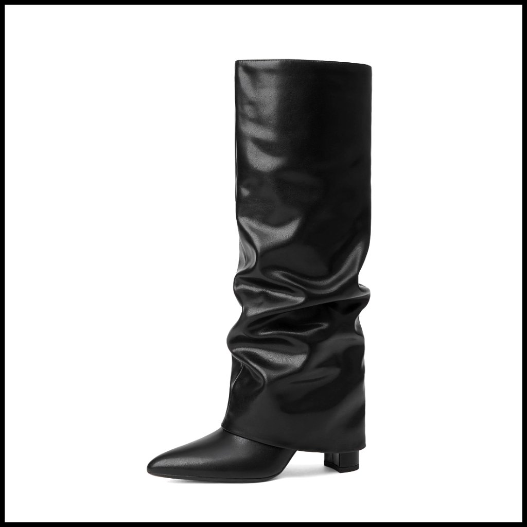 Knee High Boots Chunky Heel Pointed Toe Fold Over Zipper Dress Boots Elegant